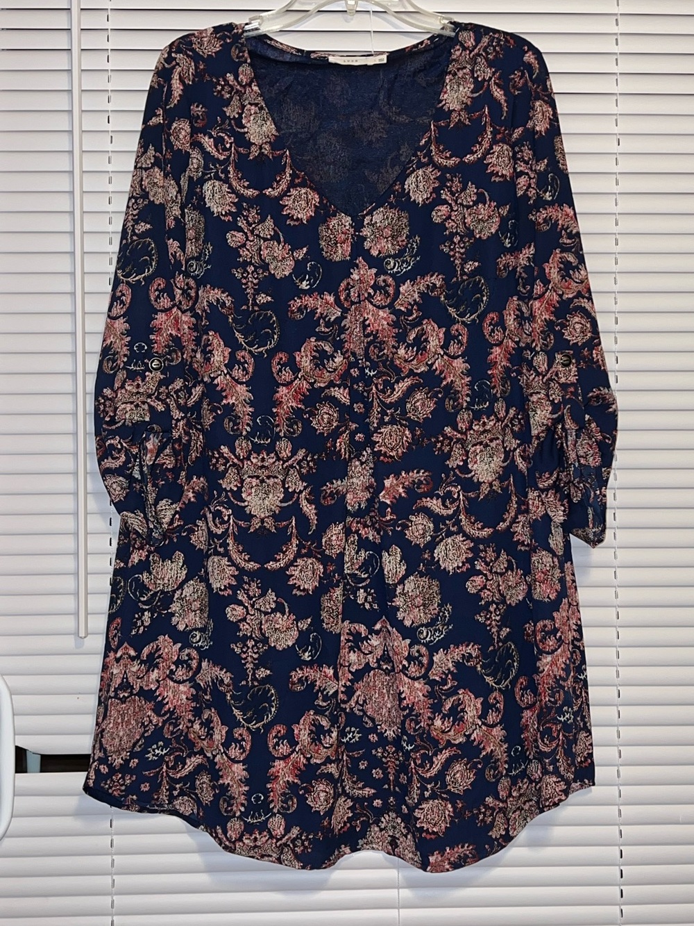 Lush Women’s Navy/Pink/Beige Floral A-Line Dress Sz L V-Neck 3/4 Sleeve Pullover